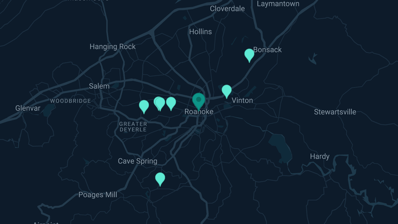 Map of Roanoke, Virginia — 11 documented asbestos exposure sites