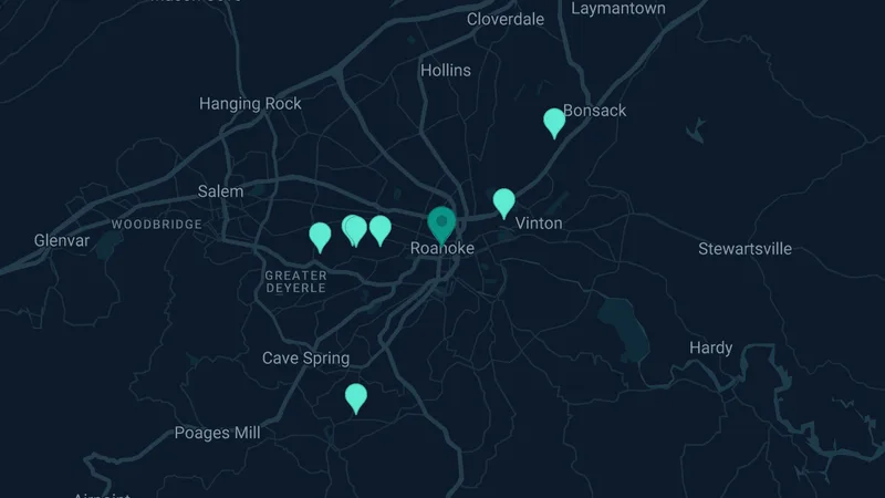 Map of Roanoke, Virginia: 11 documented asbestos exposure sites