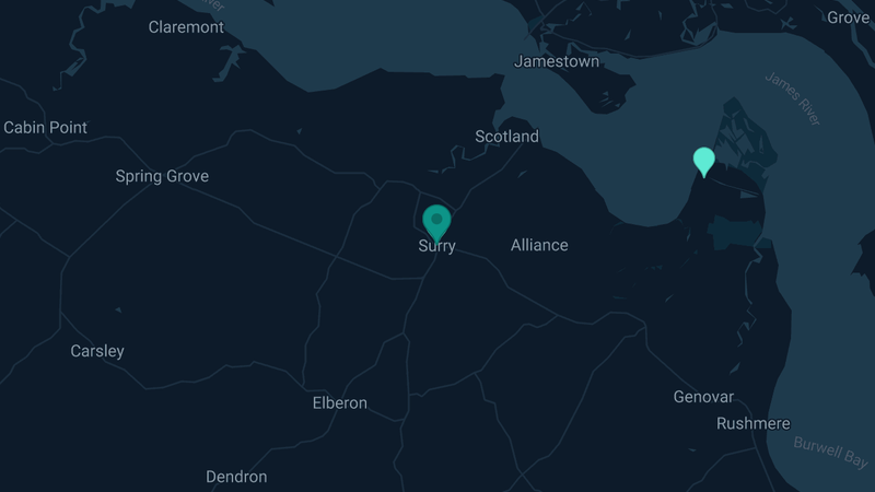 Map of Surry, Virginia — 2 documented asbestos exposure sites