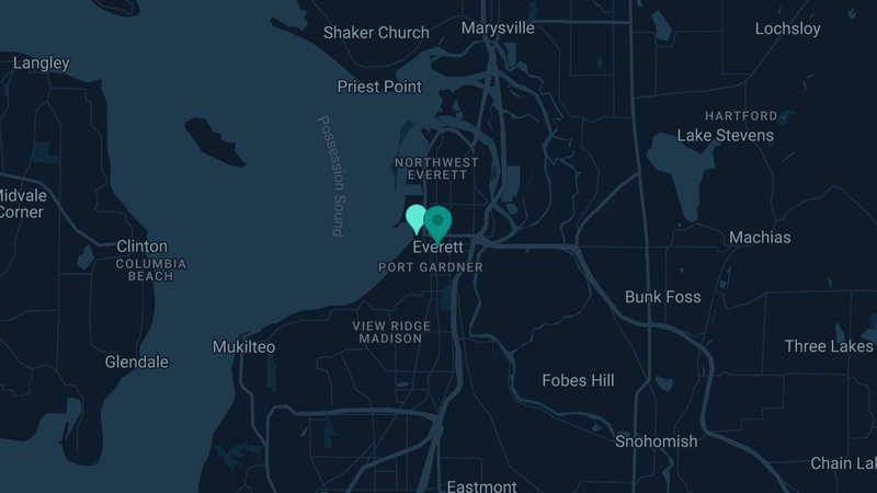 Map of Everett, Washington — 3 documented asbestos exposure sites