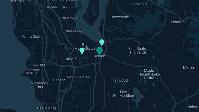 Map of Renton, Washington — 2 documented asbestos exposure sites