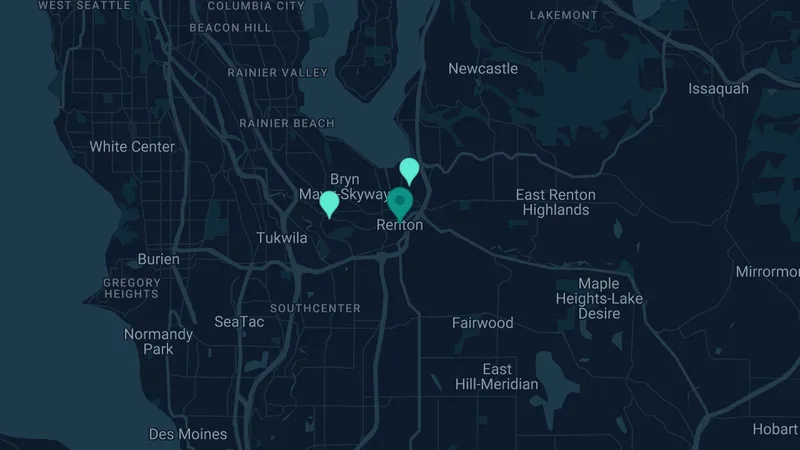 Map of Renton, Washington: 2 documented asbestos exposure sites