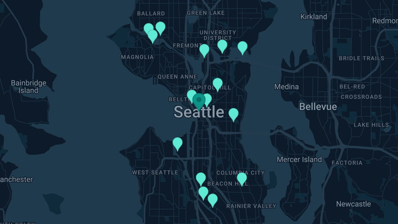 Map of Seattle, Washington — 25 documented asbestos exposure sites