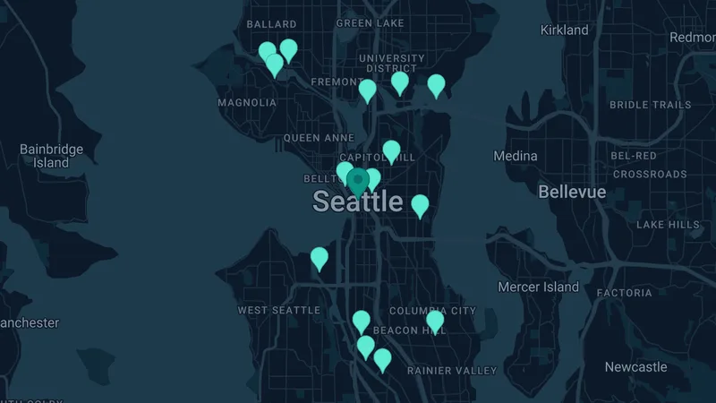 Map of Seattle, Washington: 25 documented asbestos exposure sites