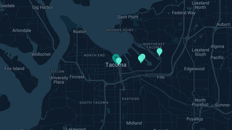 Map of Tacoma, Washington — 7 documented asbestos exposure sites