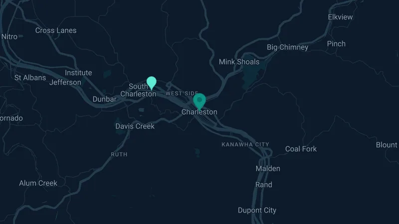 Map of Charleston, West Virginia: 2 documented asbestos exposure sites
