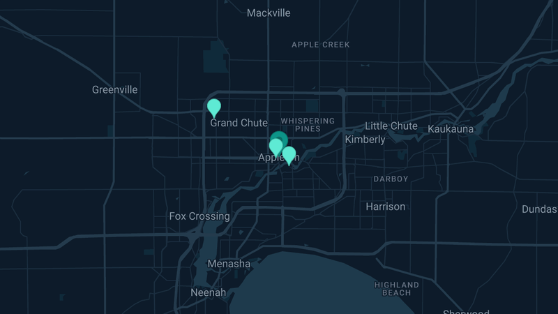 Map of Appleton, Wisconsin — 5 documented asbestos exposure sites