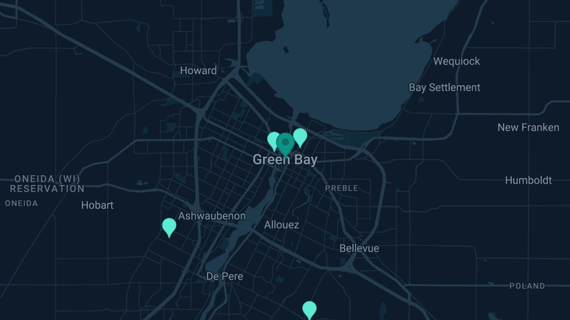 Map of Green Bay, Wisconsin — 8 documented asbestos exposure sites