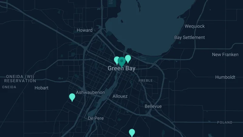 Map of Green Bay, Wisconsin: 8 documented asbestos exposure sites