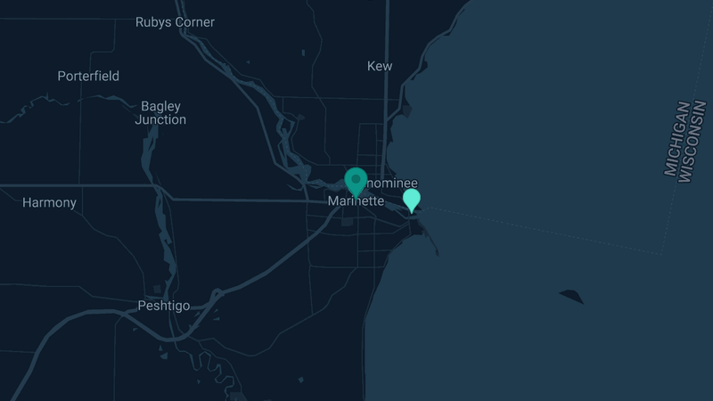 Map of Marinette, Wisconsin — 3 documented asbestos exposure sites
