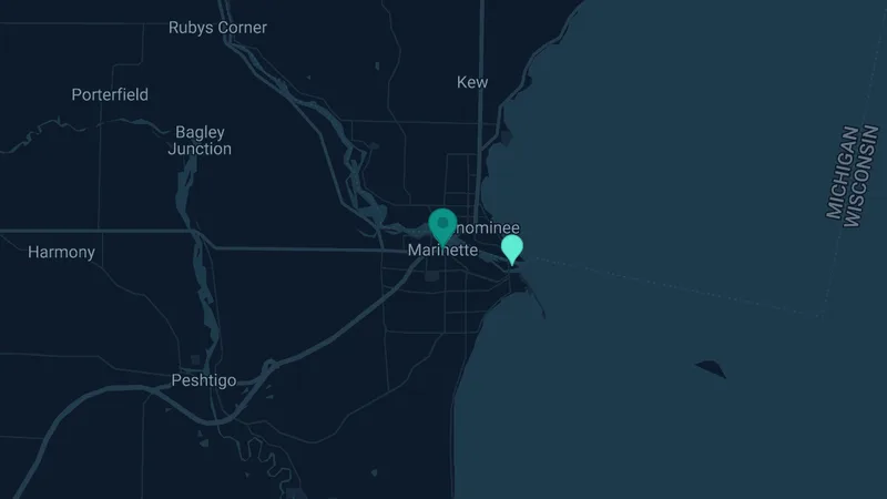 Map of Marinette, Wisconsin: 3 documented asbestos exposure sites