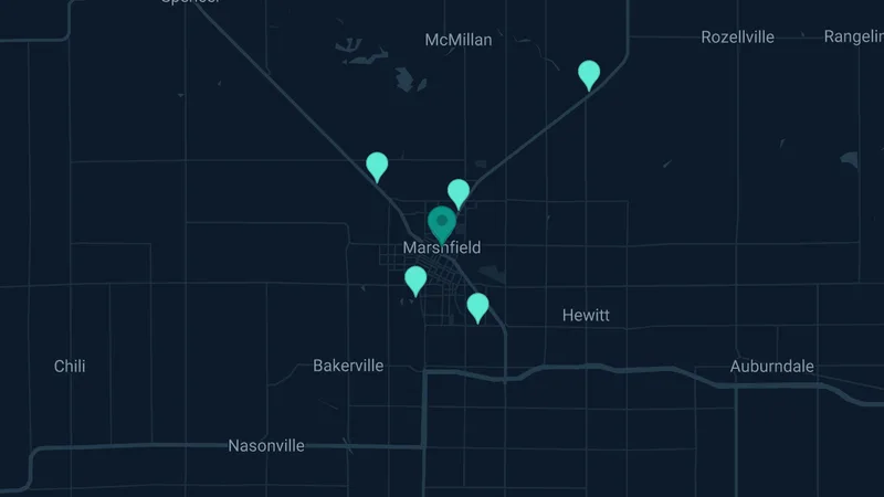 Map of Marshfield, Wisconsin: 11 documented asbestos exposure sites