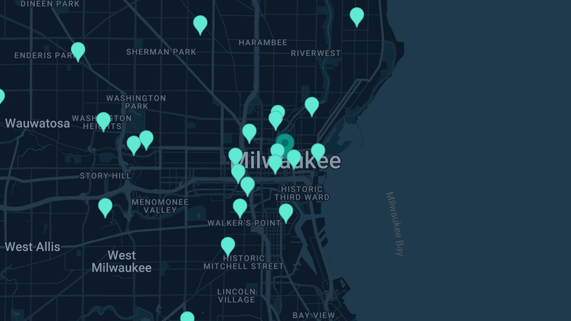 Map of Milwaukee, Wisconsin — 72 documented asbestos exposure sites