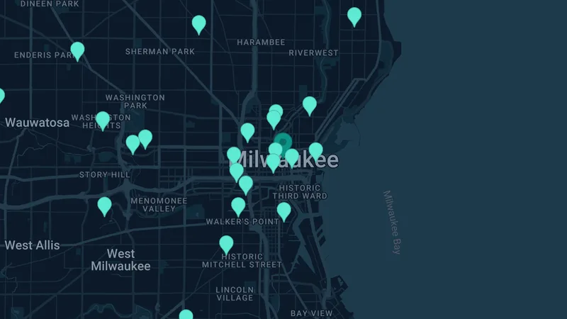 Map of Milwaukee, Wisconsin: 72 documented asbestos exposure sites