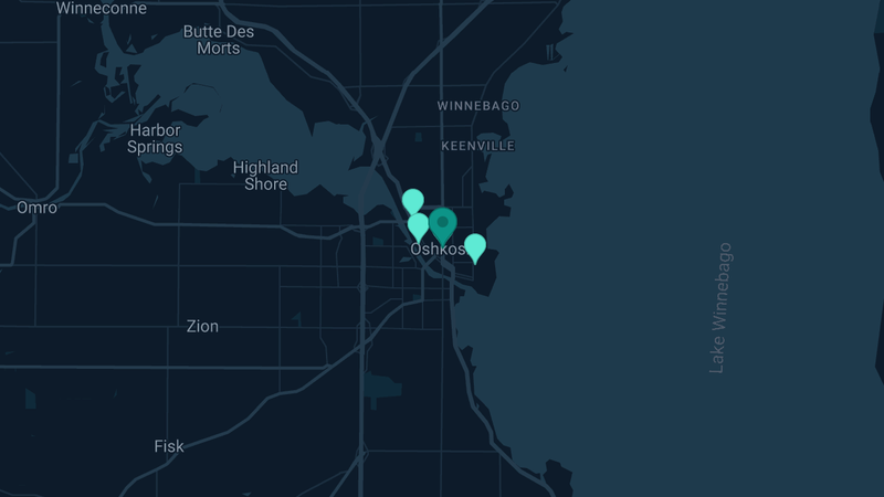 Map of Oshkosh, Wisconsin — 7 documented asbestos exposure sites