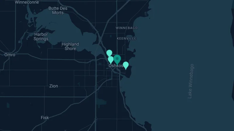 Map of Oshkosh, Wisconsin: 7 documented asbestos exposure sites