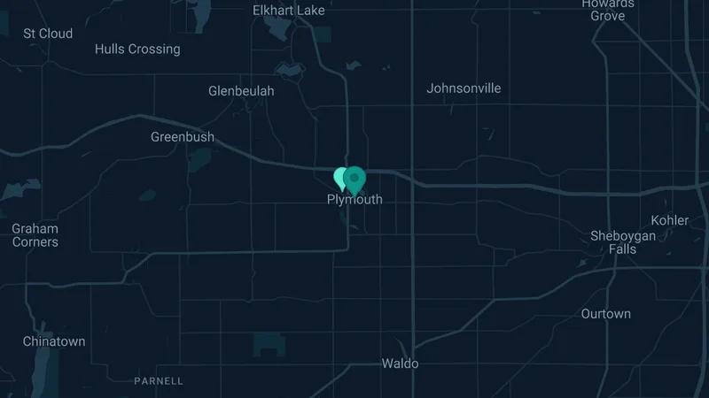Map of Plymouth, Wisconsin: 2 documented asbestos exposure sites